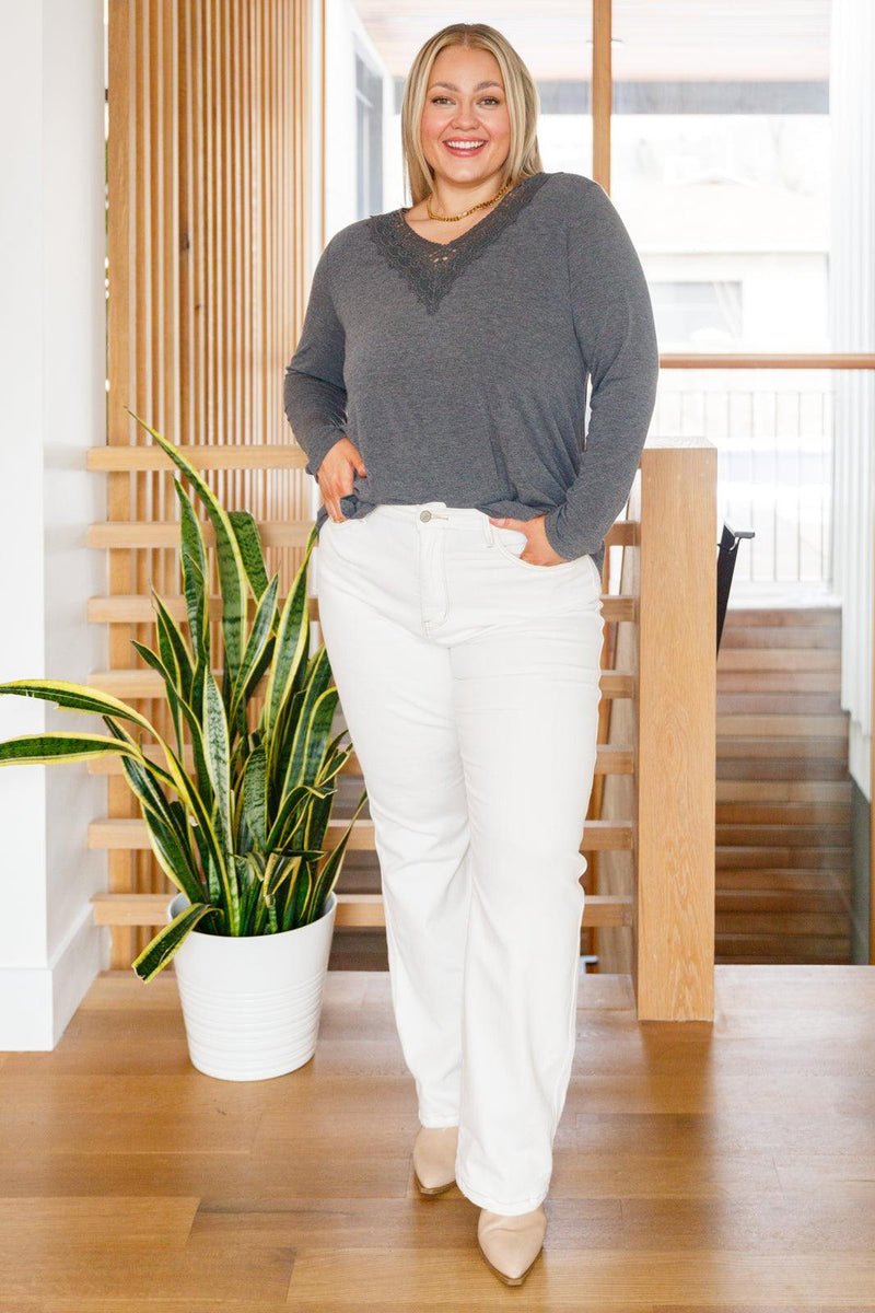 Hazel Blues® | Lacey Long Sleeve V Neck In Gray - Hazel Blues®