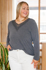 Hazel Blues® | Lacey Long Sleeve V Neck In Gray - Hazel Blues®