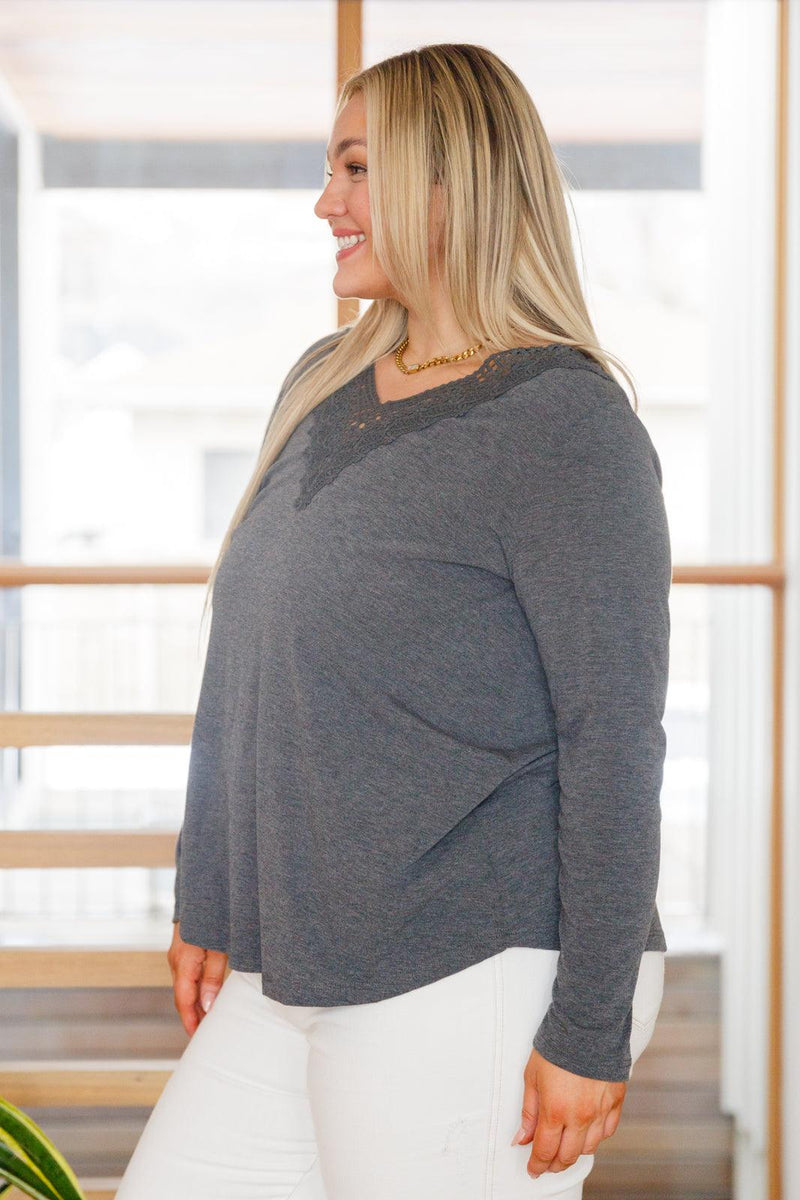 Hazel Blues® | Lacey Long Sleeve V Neck In Gray - Hazel Blues®