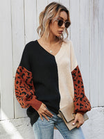 Hazel Blues® | Leopard Color Block V-Neck Tunic Pullover Sweater - Hazel Blues®