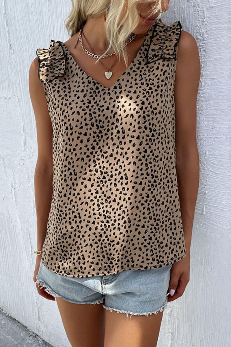 Hazel Blues® | Leopard Frill Trim V-Neck Tank - Hazel Blues®