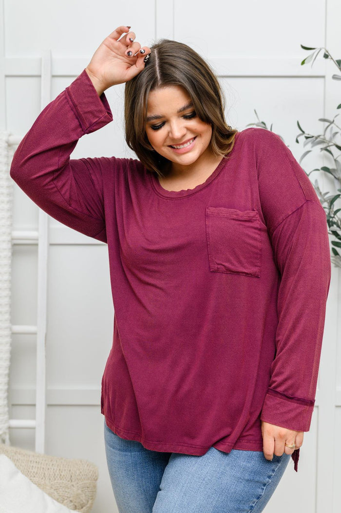 Hazel Blues® | Long Sleeve Knit Top With Pocket In Burgundy - Hazel Blues®