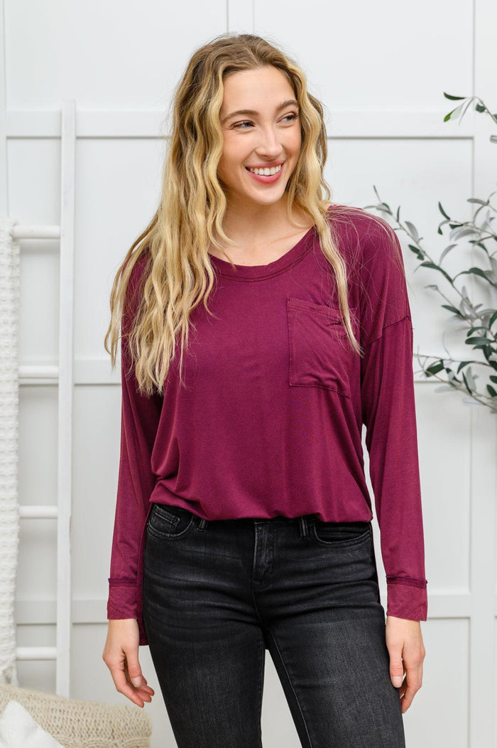 Hazel Blues® | Long Sleeve Knit Top With Pocket In Burgundy - Hazel Blues®