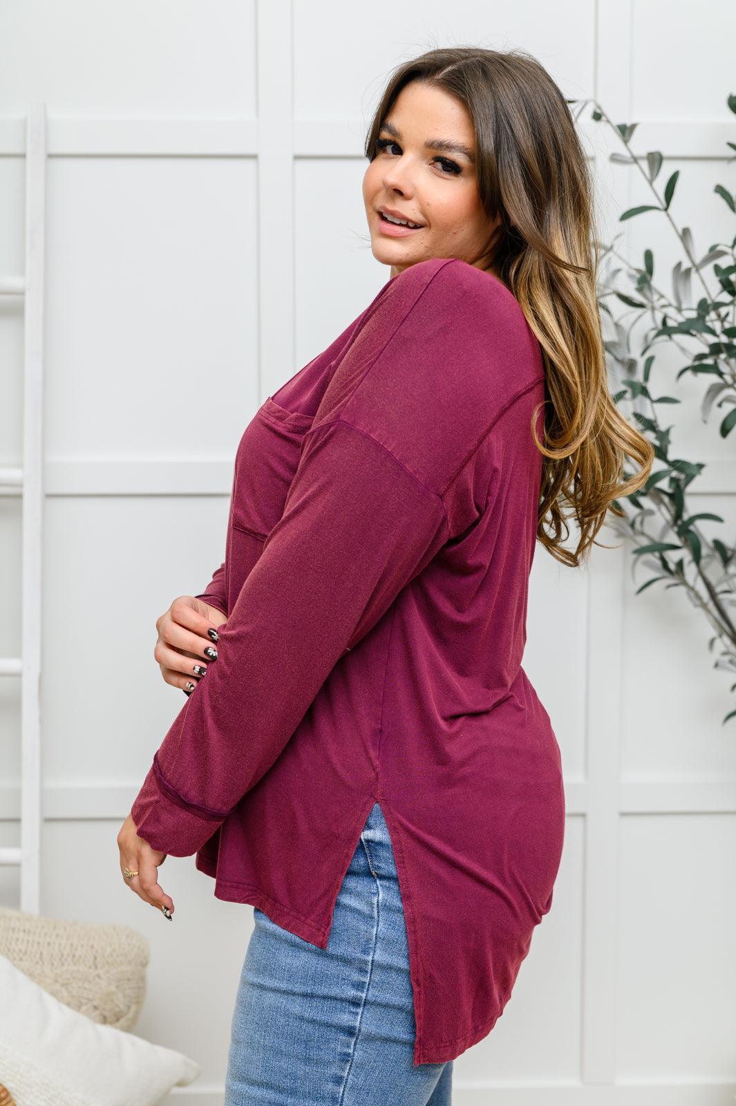 Hazel Blues® | Long Sleeve Knit Top With Pocket In Burgundy - Hazel Blues®