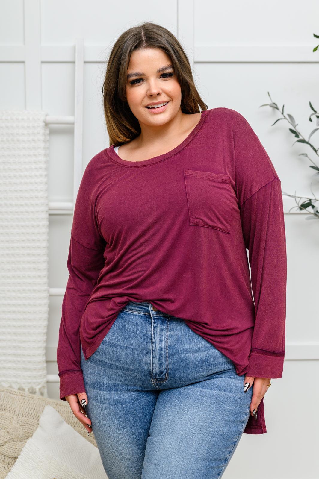 Hazel Blues® | Long Sleeve Knit Top With Pocket In Burgundy - Hazel Blues®