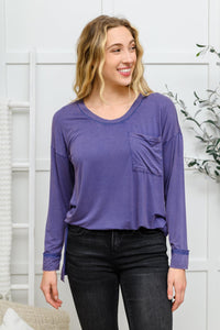 Hazel Blues® | Long Sleeve Knit Top With Pocket In Denim Blue - Hazel Blues®