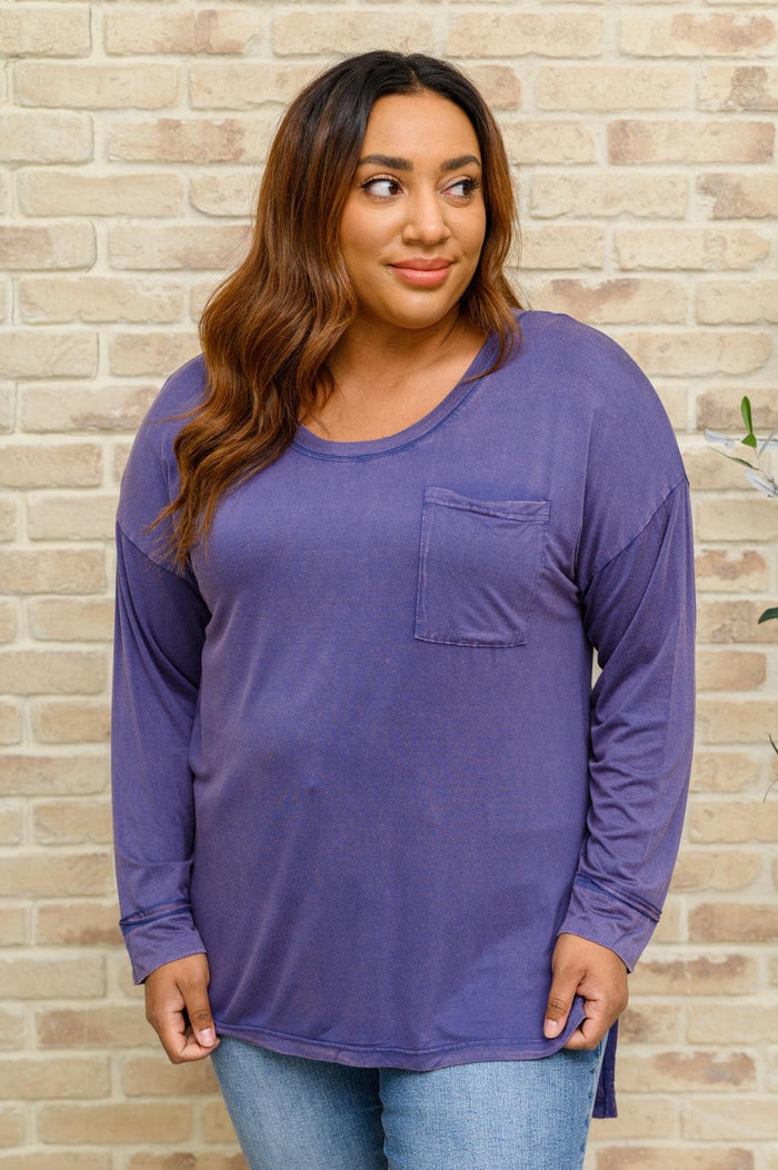 Hazel Blues® | Long Sleeve Knit Top With Pocket In Denim Blue - Hazel Blues®