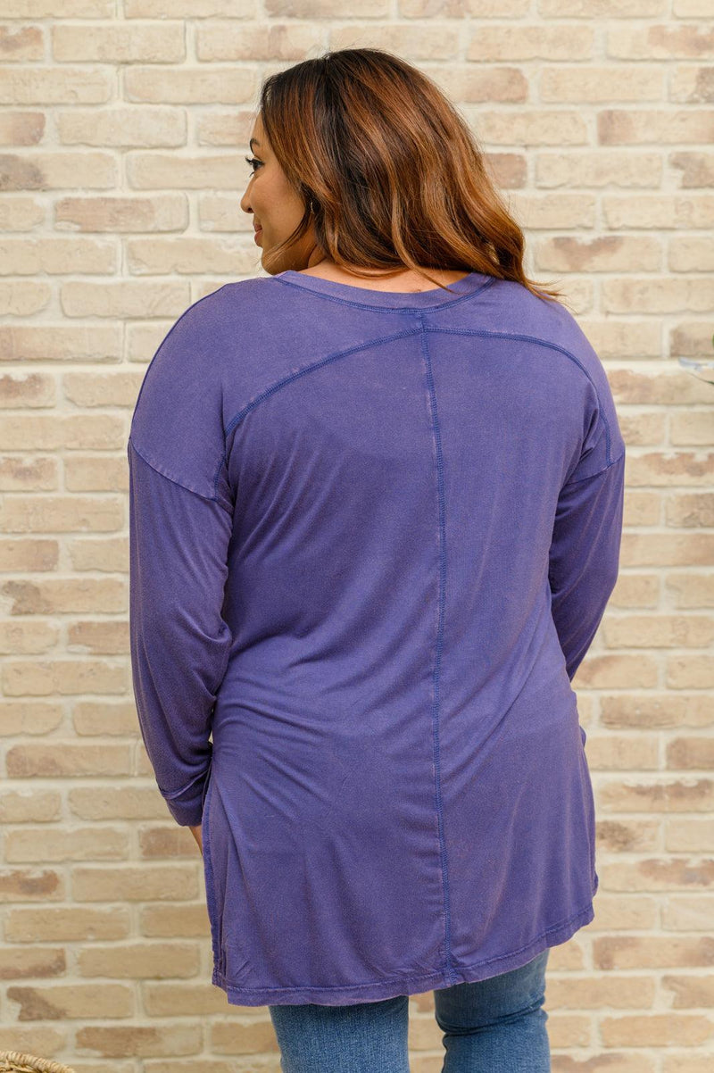 Hazel Blues® | Long Sleeve Knit Top With Pocket In Denim Blue - Hazel Blues®