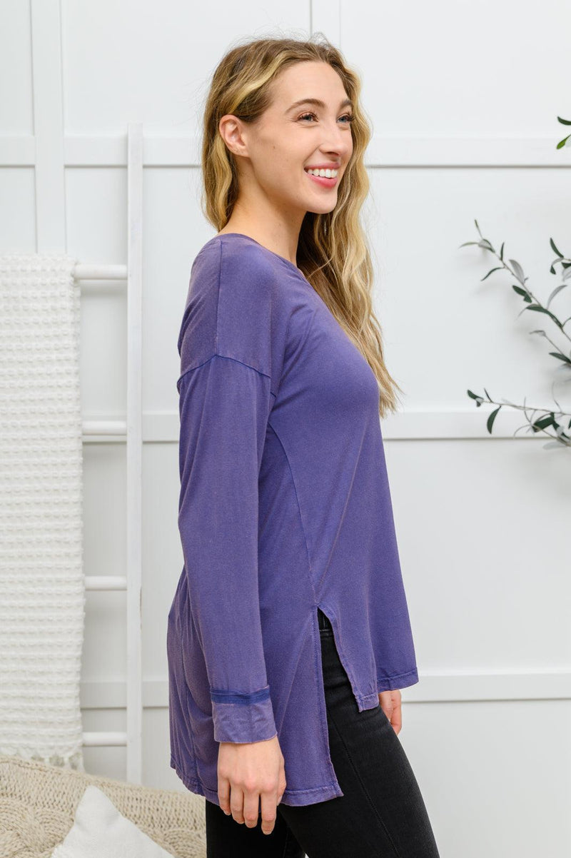 Hazel Blues® | Long Sleeve Knit Top With Pocket In Denim Blue - Hazel Blues®