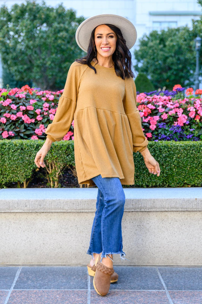 Hazel Blues® | Melrose Ribbed Knit Raglan Tunic In Mustard - Hazel Blues®