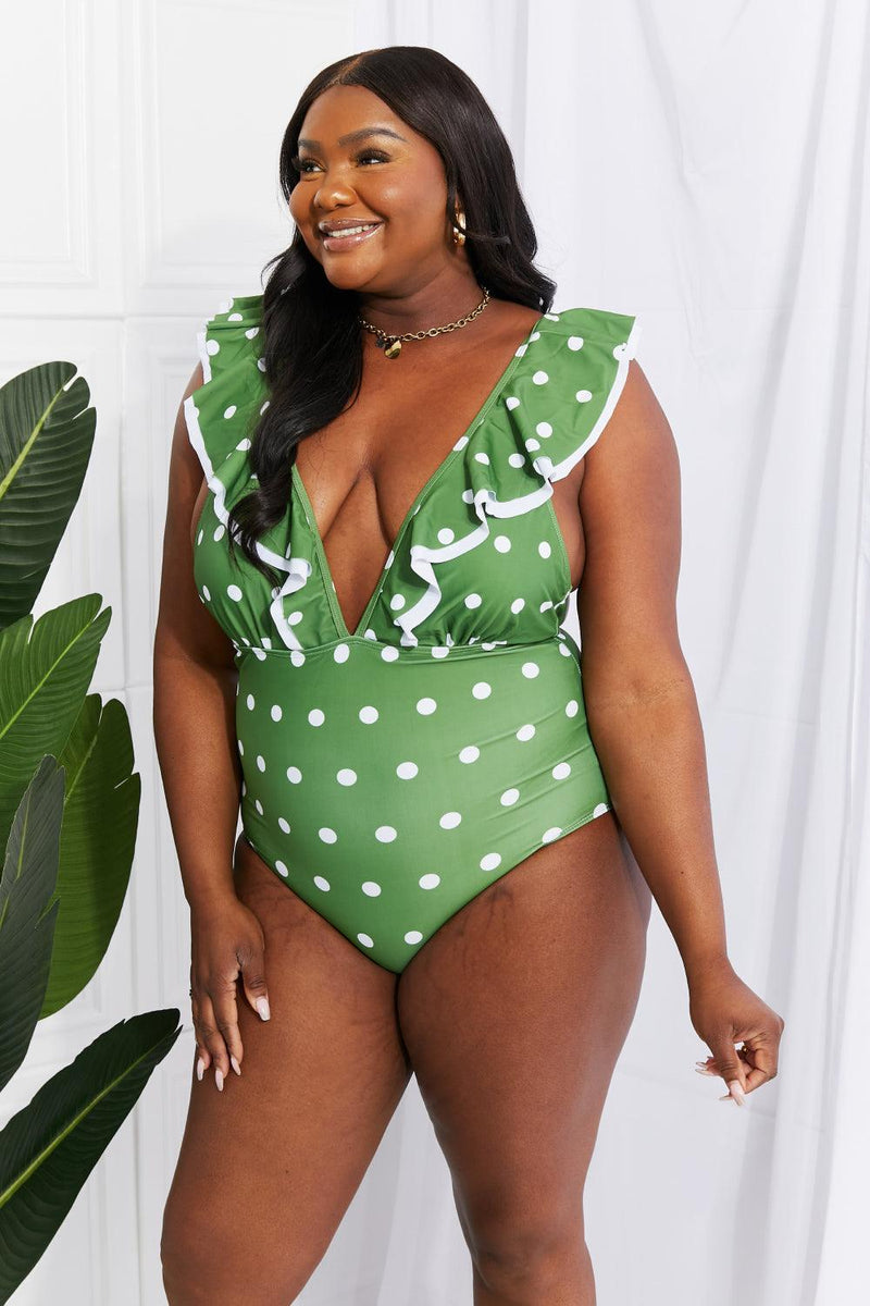 Hazel Blues® | Moonlit Dip Ruffle Plunge Swimsuit in Mid Green - Hazel Blues®