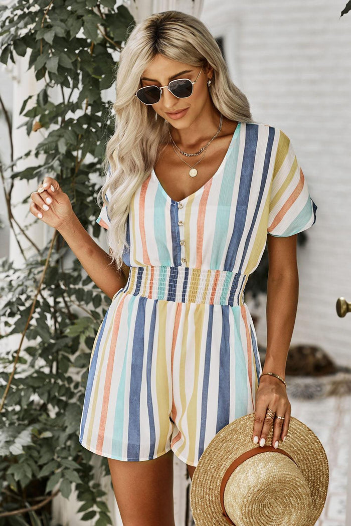 Hazel Blues® | Multicolored Stripe V-Neck Smocked Waist Romper - Hazel Blues®