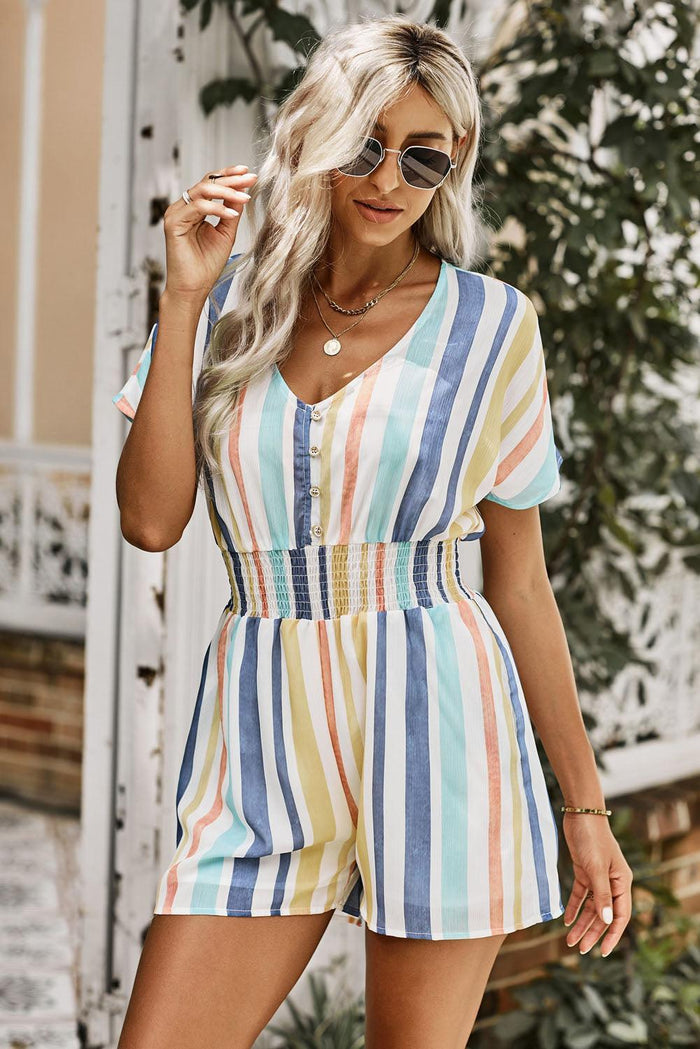 Hazel Blues® | Multicolored Stripe V-Neck Smocked Waist Romper - Hazel Blues®