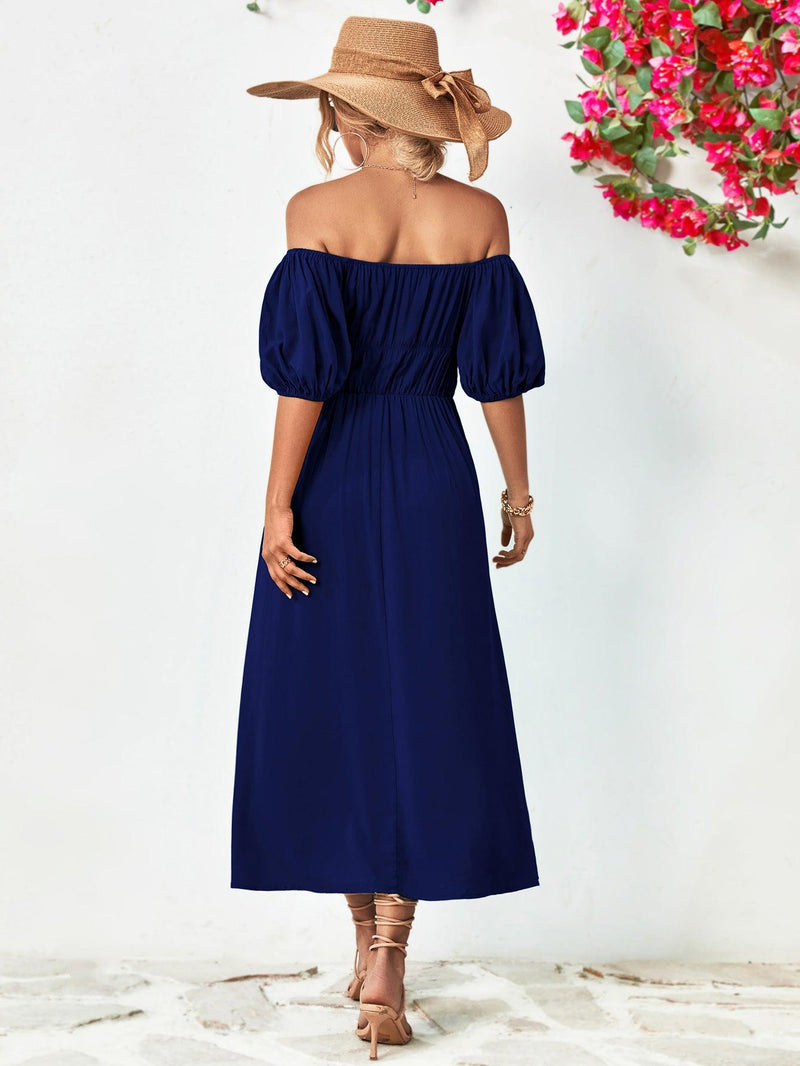 Hazel Blues | Off-Shoulder Balloon Sleeve Midi Dress Hazel Blues | Off-Shoulder Balloon Sleeve Midi Dress