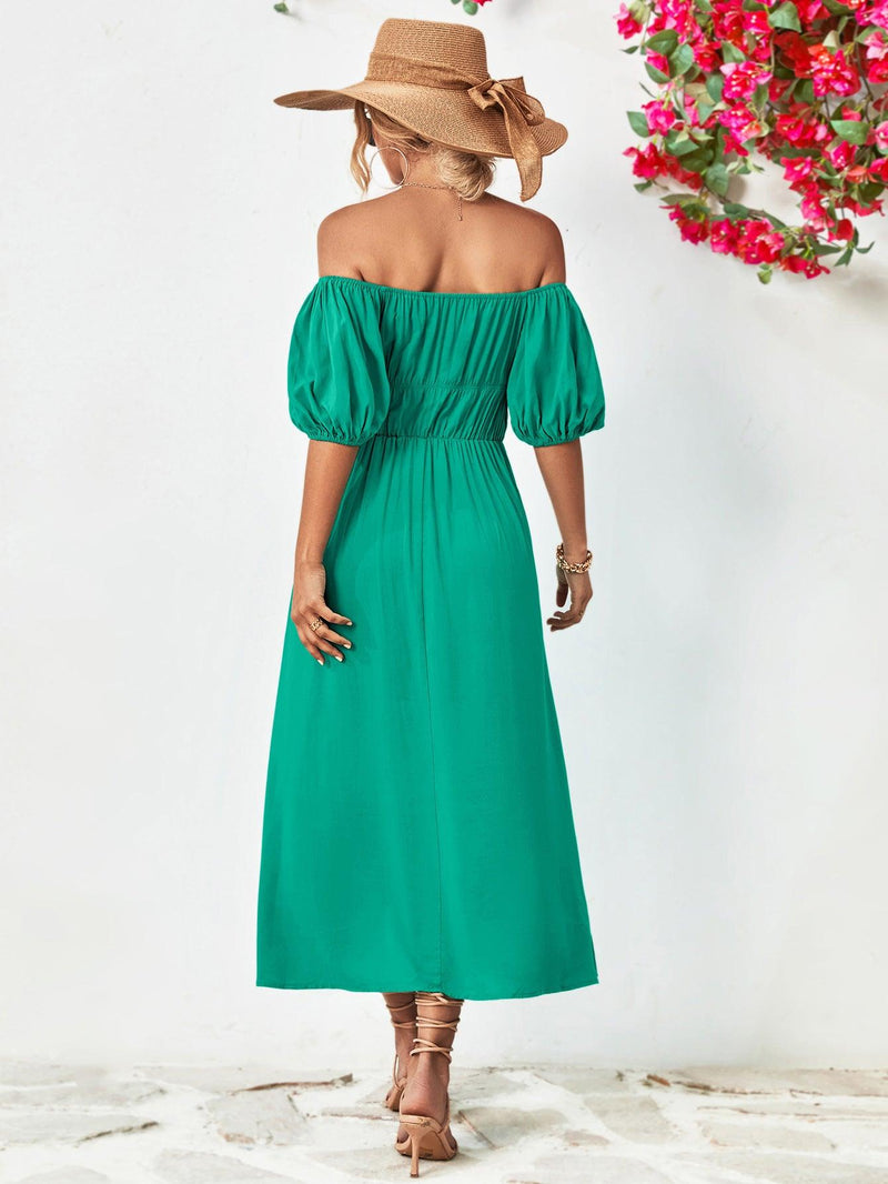 Hazel Blues | Off-Shoulder Balloon Sleeve Midi Dress Hazel Blues | Off-Shoulder Balloon Sleeve Midi Dress