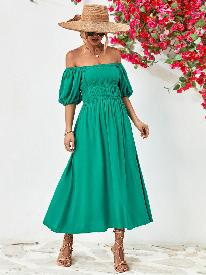 Off-Shoulder Balloon-Sleeve Midi Dress
