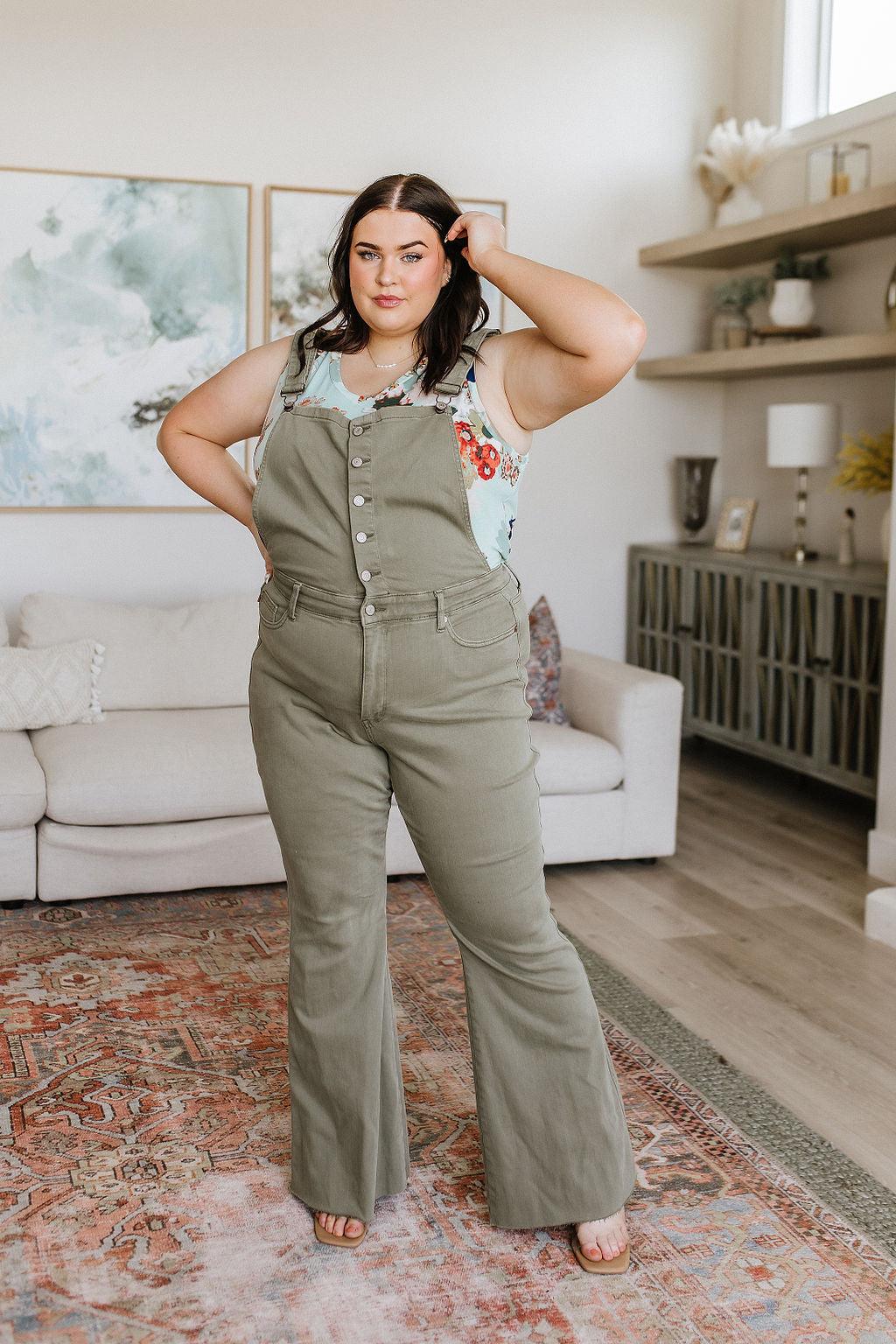 Hazel Blues® | Olivia Control Top Release Hem Overalls in Olive - Hazel Blues®