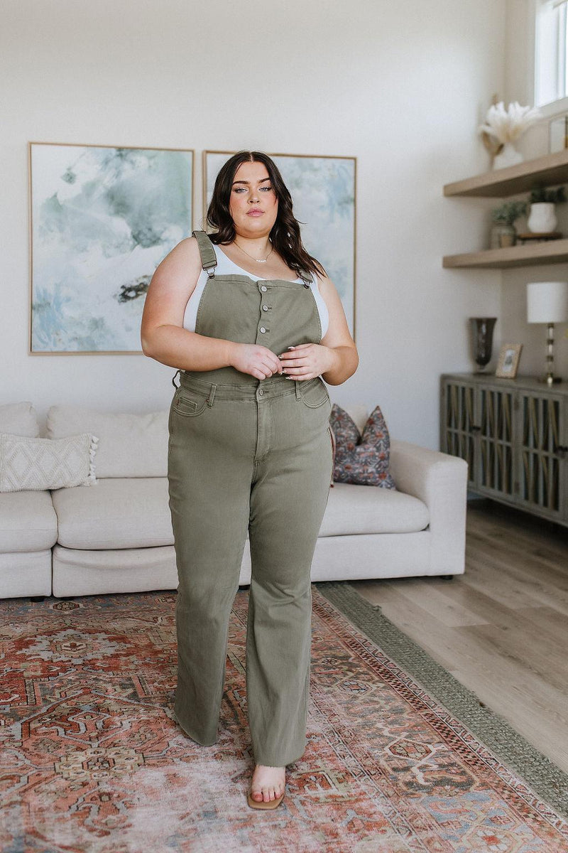 Hazel Blues® | Olivia Control Top Release Hem Overalls in Olive - Hazel Blues®