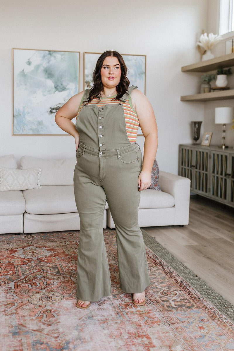 Hazel Blues® | Olivia Control Top Release Hem Overalls in Olive - Hazel Blues®