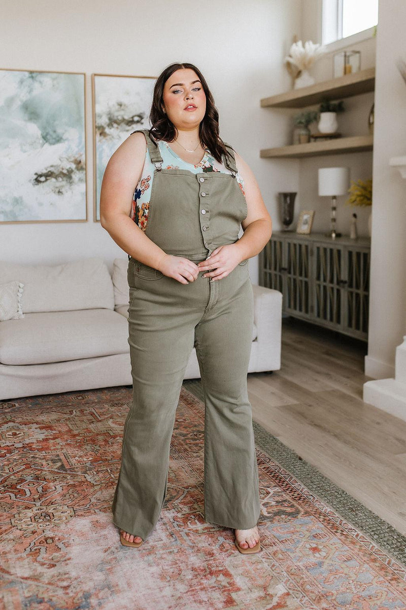 Hazel Blues® | Olivia Control Top Release Hem Overalls in Olive - Hazel Blues®