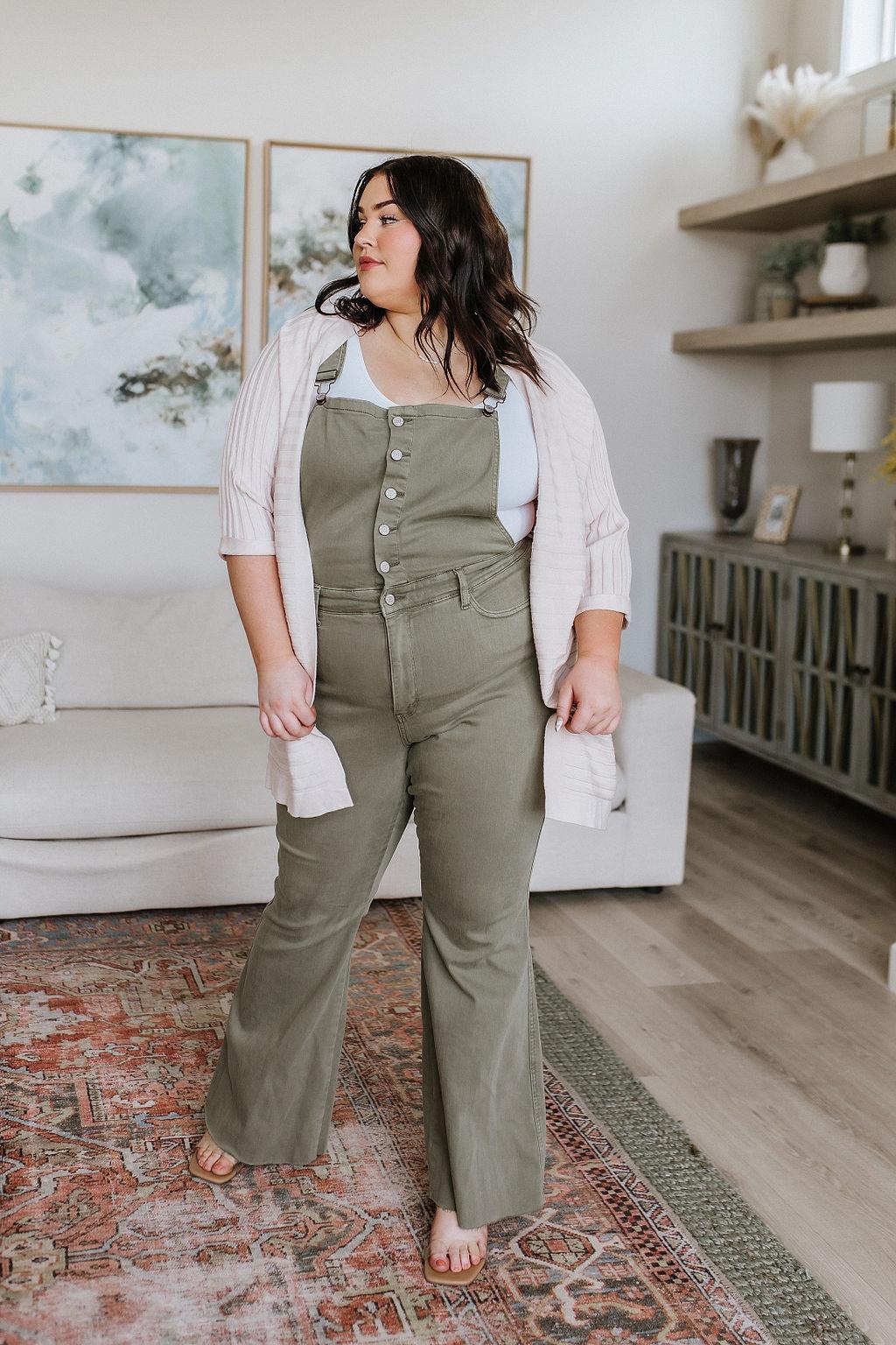 Hazel Blues® | Olivia Control Top Release Hem Overalls in Olive - Hazel Blues®