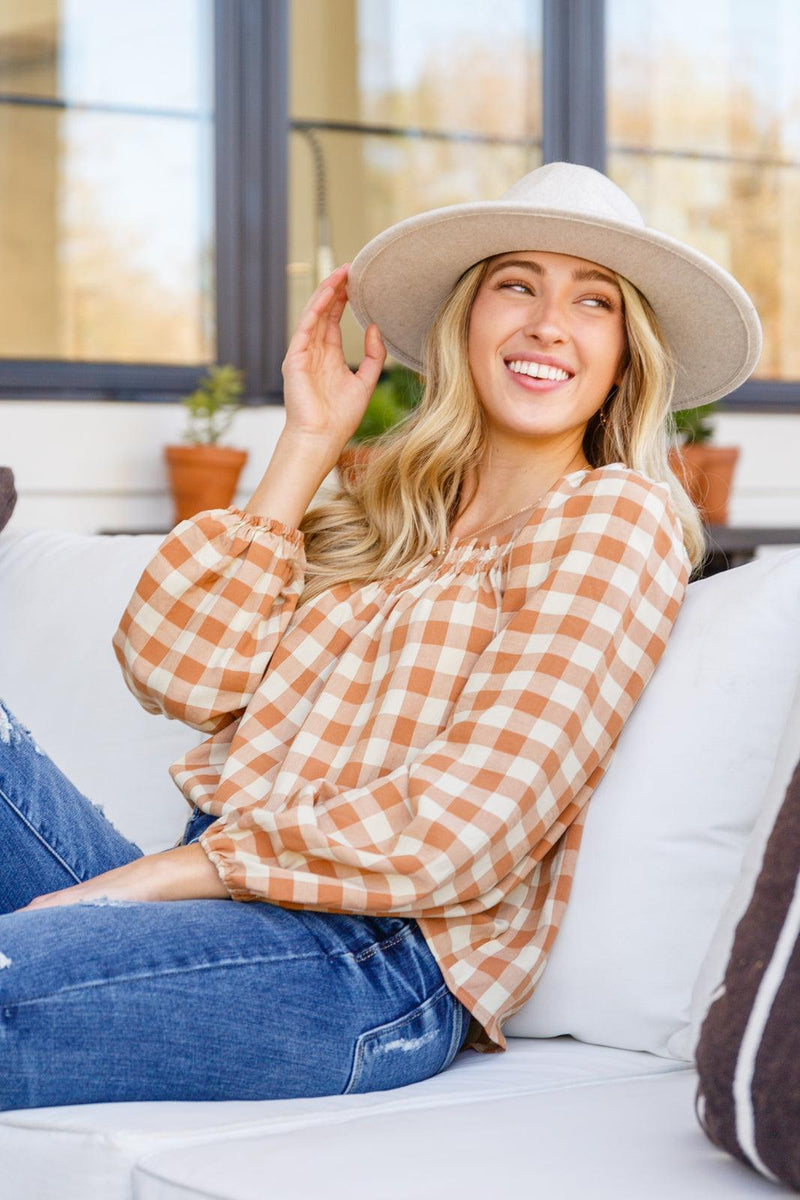 Hazel Blues® | One Fine Afternoon Gingham Plaid Top In Caramel - Hazel Blues®