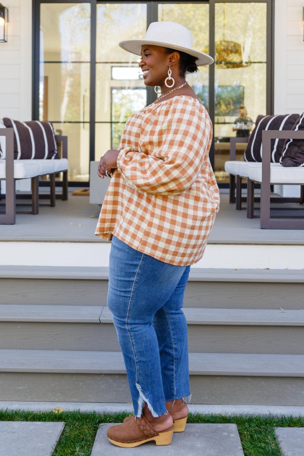 Hazel Blues® | One Fine Afternoon Gingham Plaid Top In Caramel - Hazel Blues®