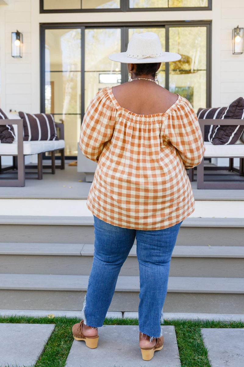 Hazel Blues® | One Fine Afternoon Gingham Plaid Top In Caramel - Hazel Blues®