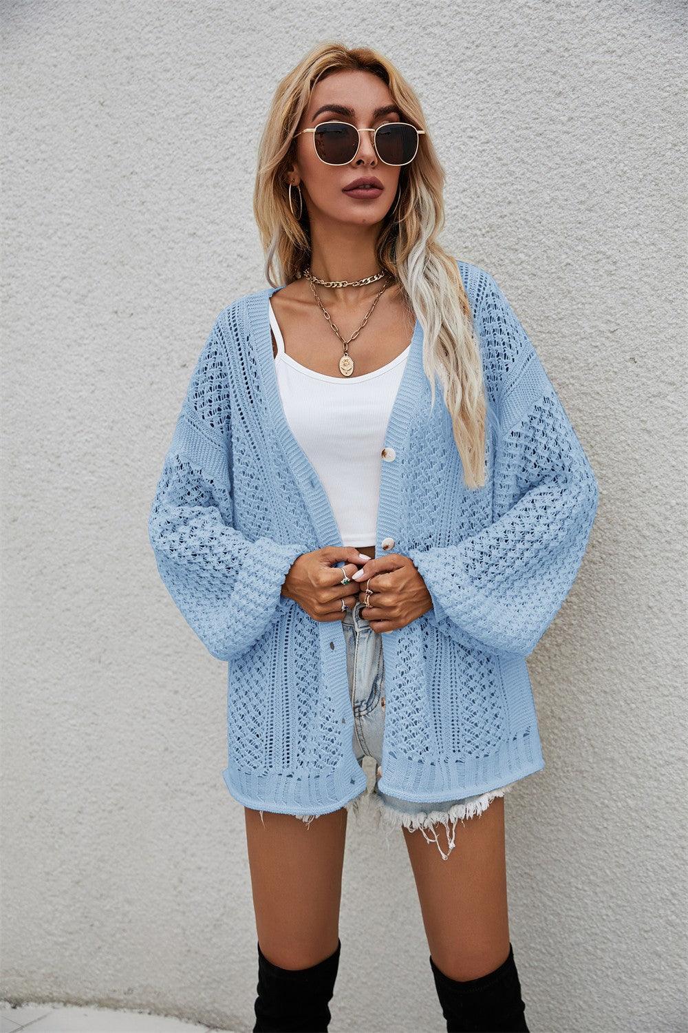 Hazel Blues® | Openwork V-Neck Dropped Shoulder Cardigan - Hazel Blues®