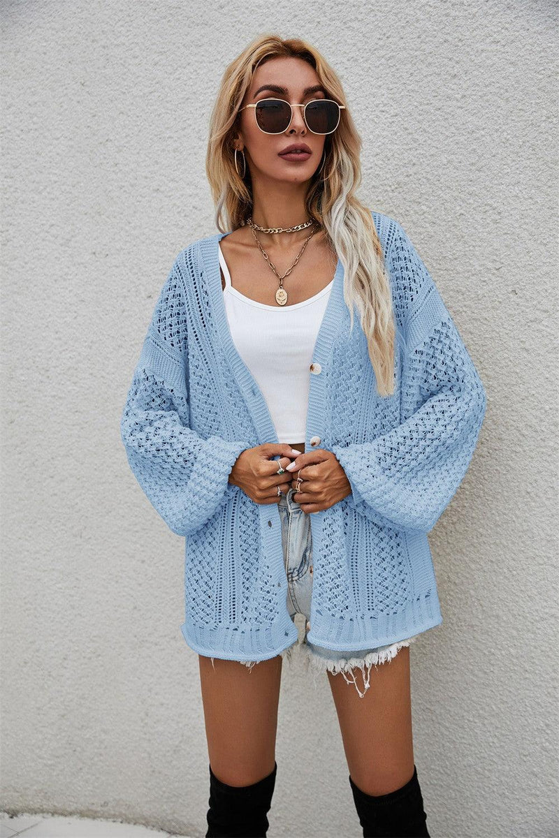 Hazel Blues® | Openwork V-Neck Dropped Shoulder Cardigan - Hazel Blues®