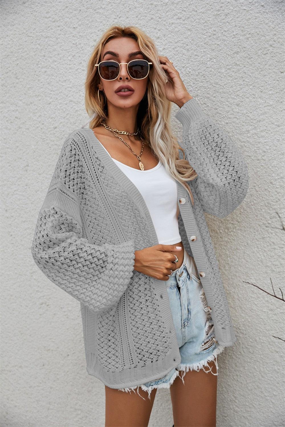 Hazel Blues® | Openwork V-Neck Dropped Shoulder Cardigan - Hazel Blues®