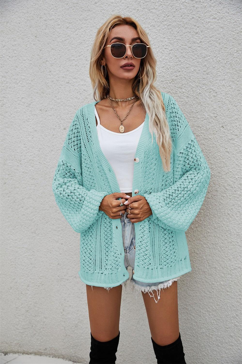 Hazel Blues® | Openwork V-Neck Dropped Shoulder Cardigan - Hazel Blues®