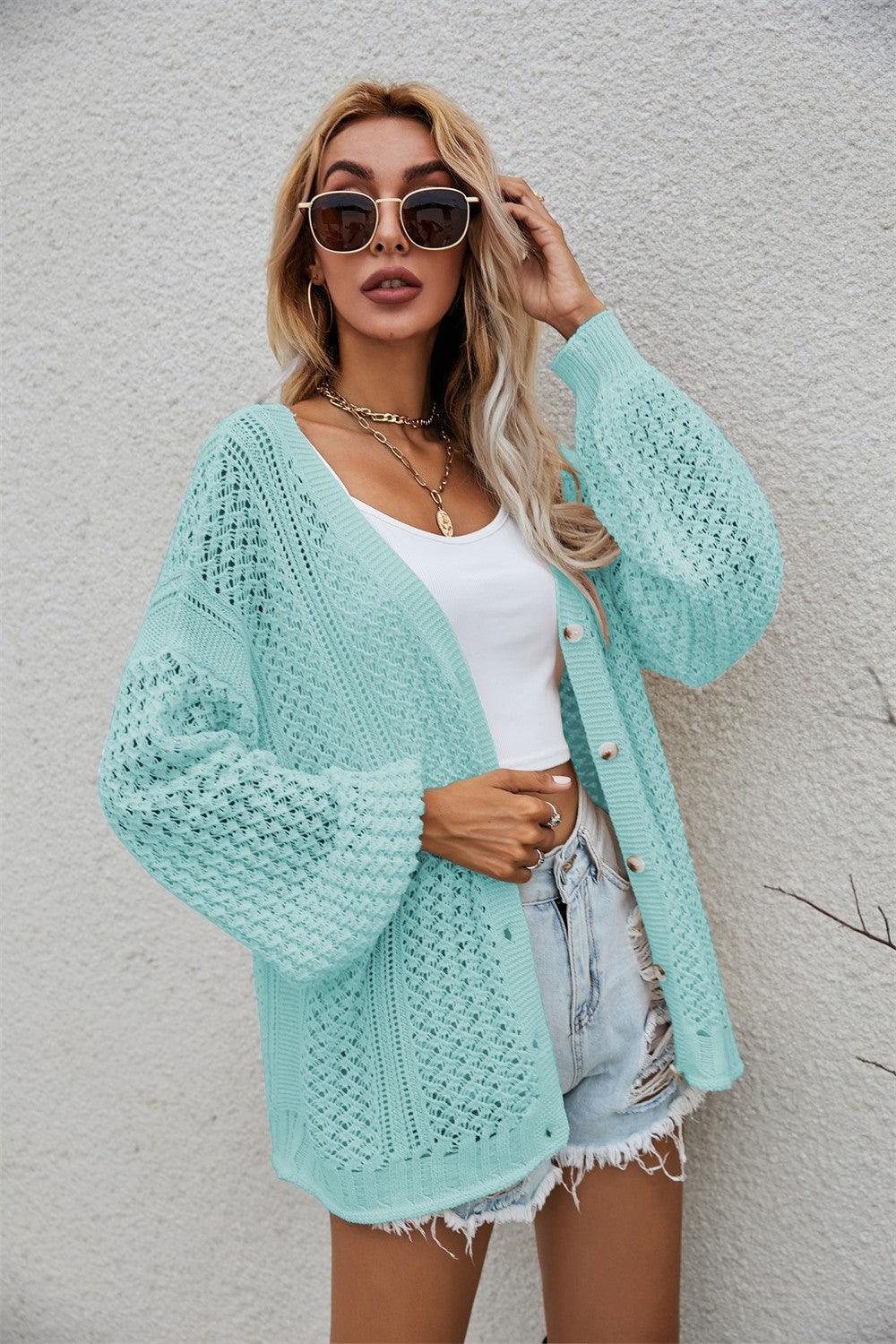 Hazel Blues® | Openwork V-Neck Dropped Shoulder Cardigan - Hazel Blues®