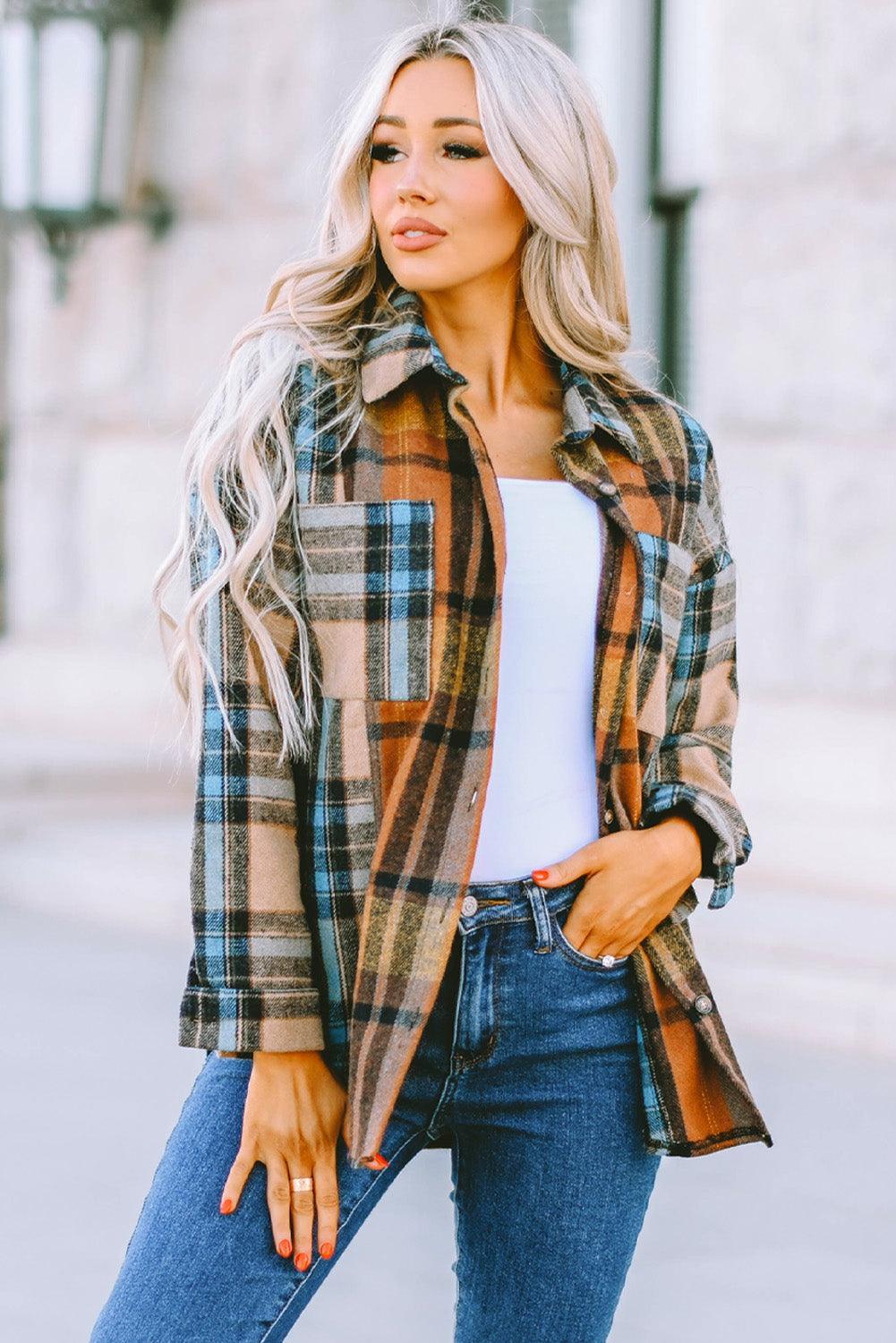 Hazel Blues® | Plaid Curved Hem Shirt Jacket with Breast Pockets - Hazel Blues®