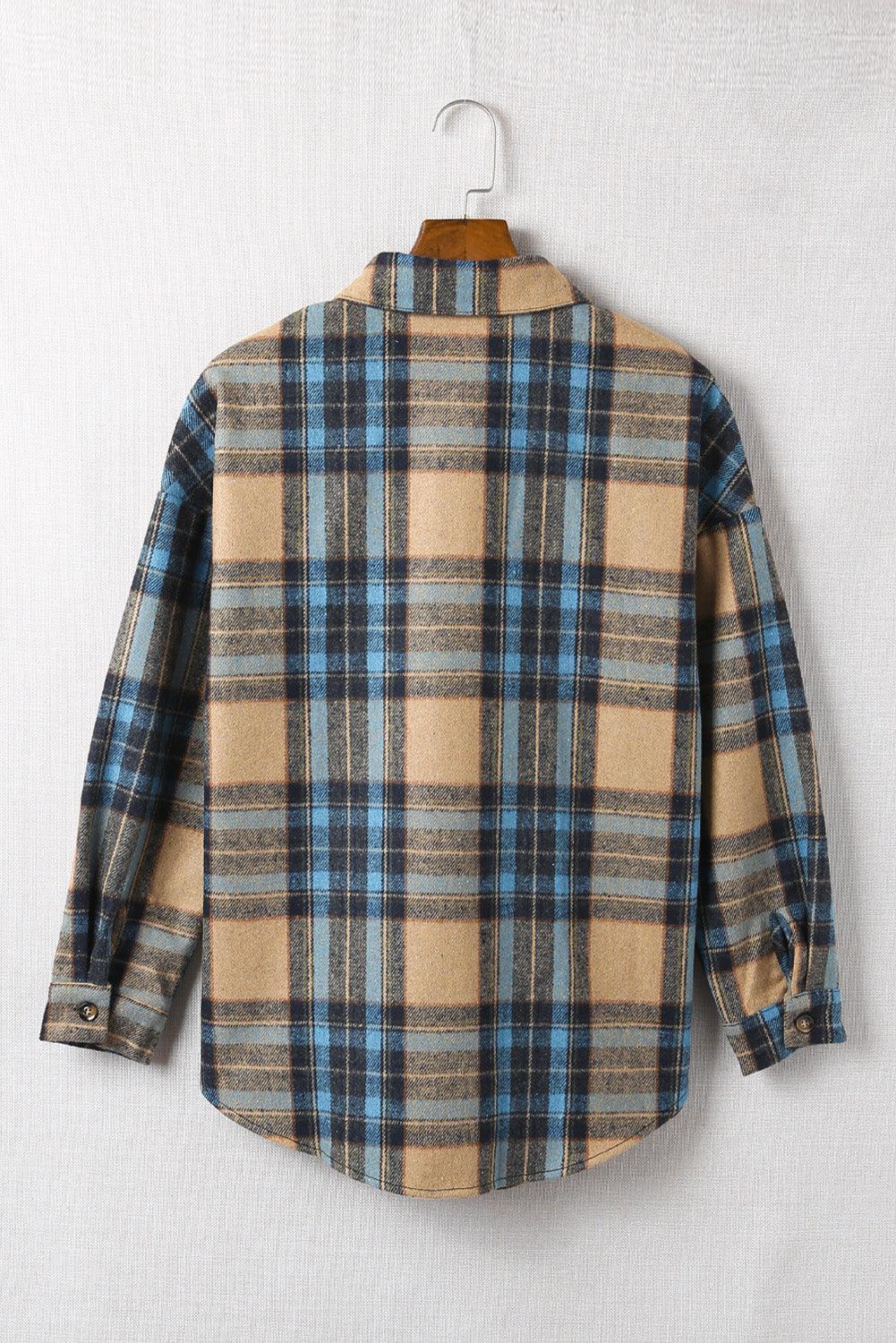 Hazel Blues® | Plaid Curved Hem Shirt Jacket with Breast Pockets