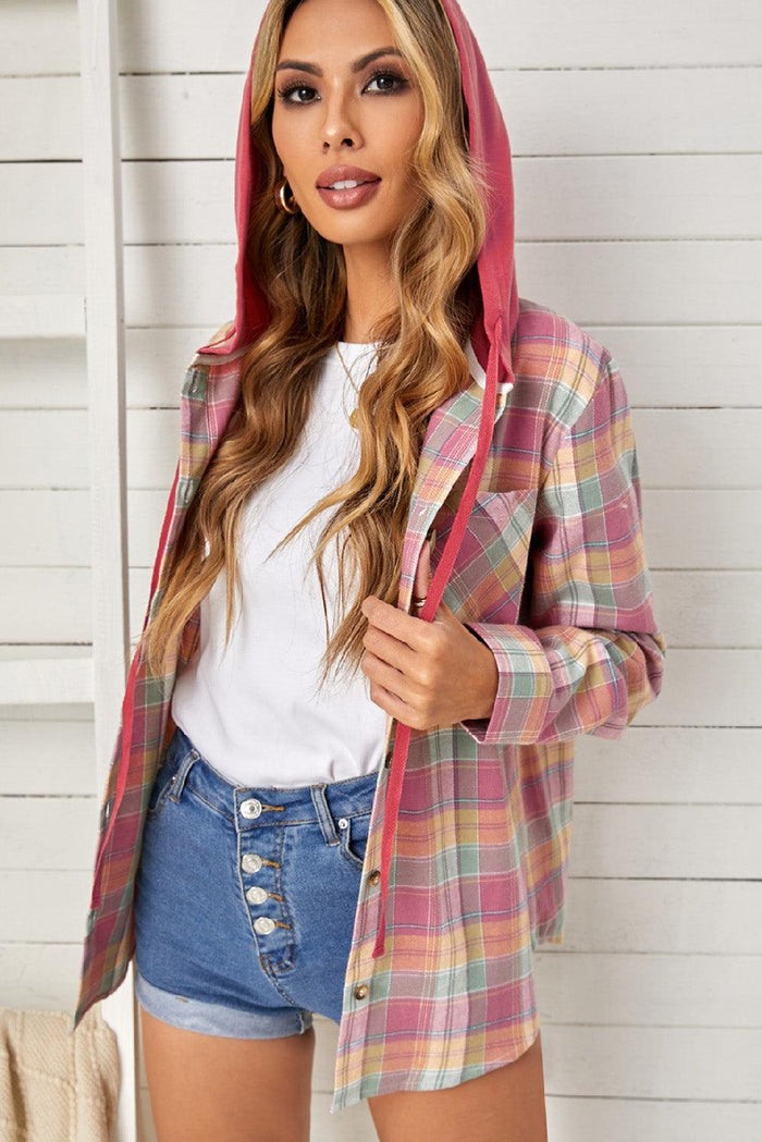 Hazel Blues® | Plaid Drawstring Hooded Shacket - Hazel Blues®