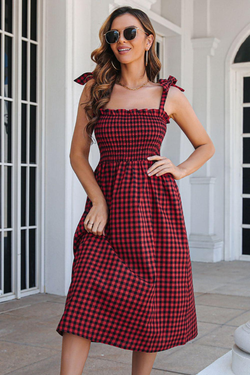 Hazel Blues® | Plaid Frill Trim Tie Shoulder Dress - Hazel Blues®