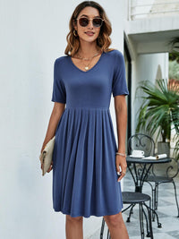 Hazel Blues® | Pleated V-Neck Short Sleeve Tee Dress - Hazel Blues®