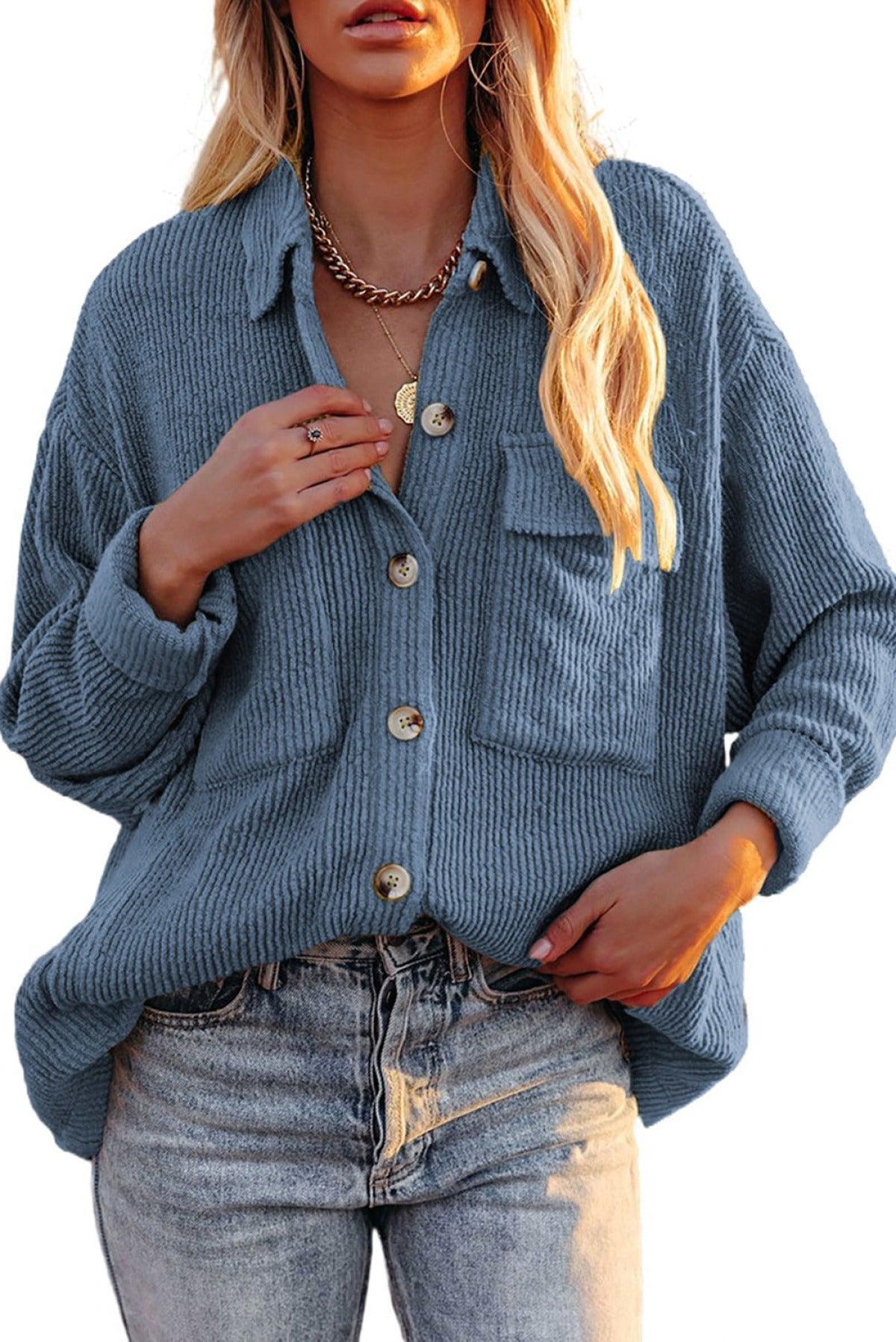 Hazel Blues® | Pocketed Button Ribbed Textured Shacket - Hazel Blues®