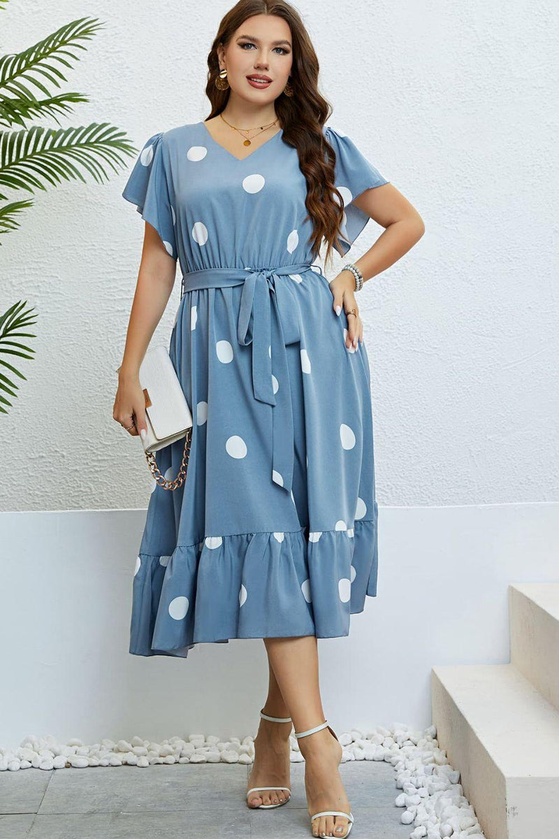 Hazel Blues® | Polka Dot Belted Flutter Sleeve Ruffle Hem Dress - Hazel Blues®