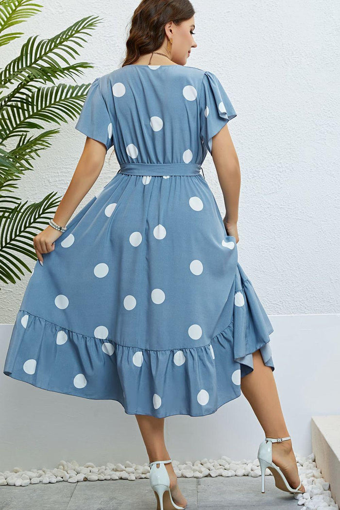 Hazel Blues® | Polka Dot Belted Flutter Sleeve Ruffle Hem Dress - Hazel Blues®