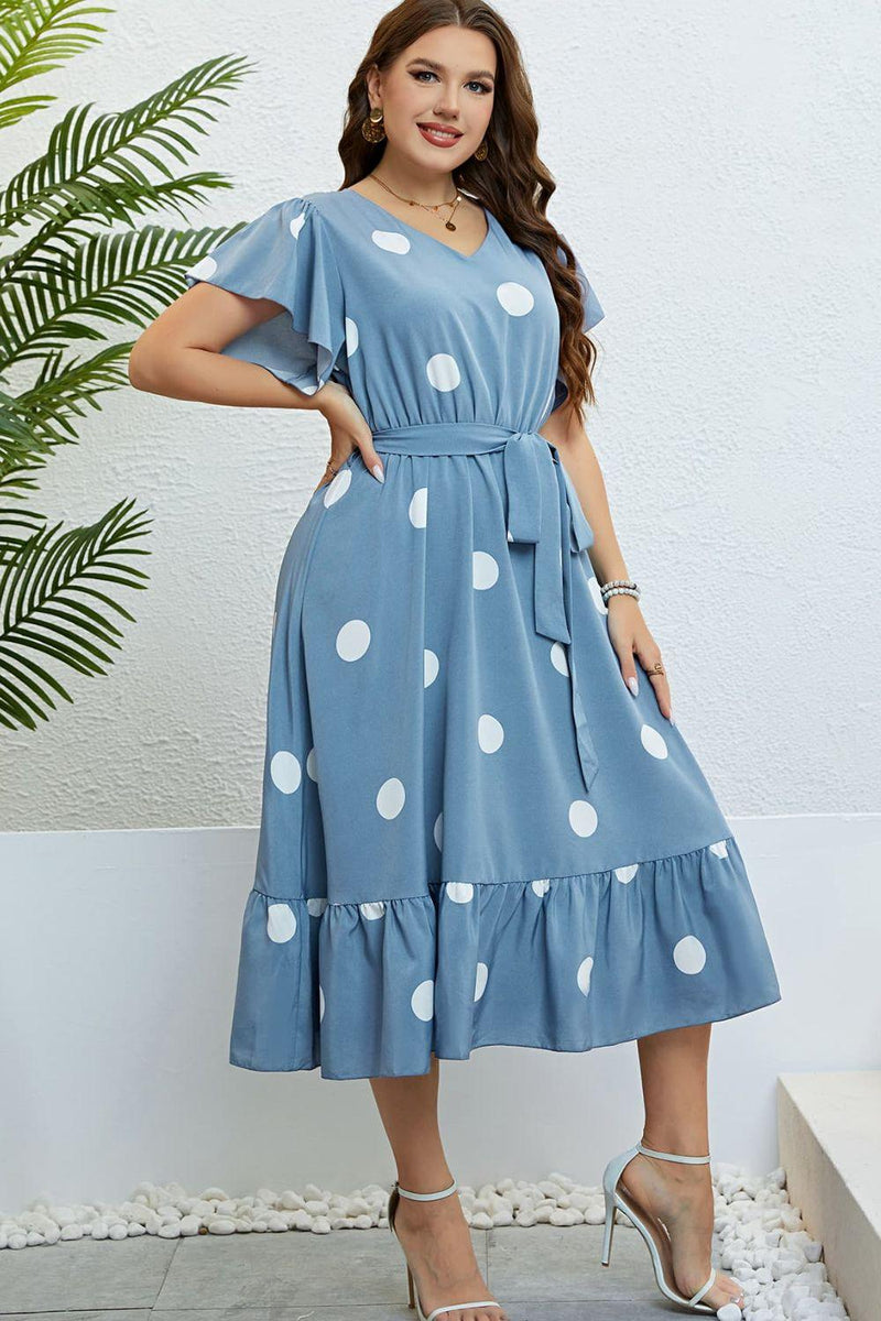 Hazel Blues | Polka Dot Belted Flutter Sleeve Ruffle Hem Dress Hazel Blues | Polka Dot Belted Flutter Sleeve Ruffle Hem Dress