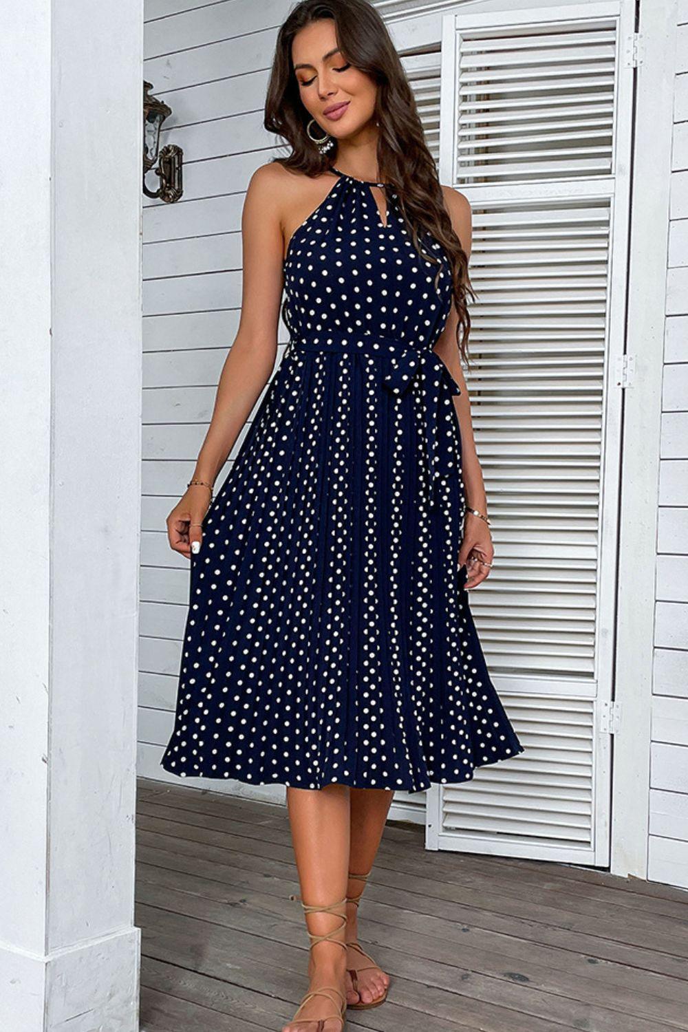 Hazel Blues® | Polka Dot Tie-Waist Sleeveless Midi Dress - Hazel Blues®