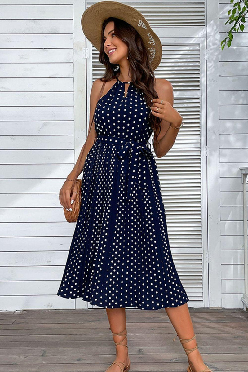 Hazel Blues® | Polka Dot Tie-Waist Sleeveless Midi Dress - Hazel Blues®