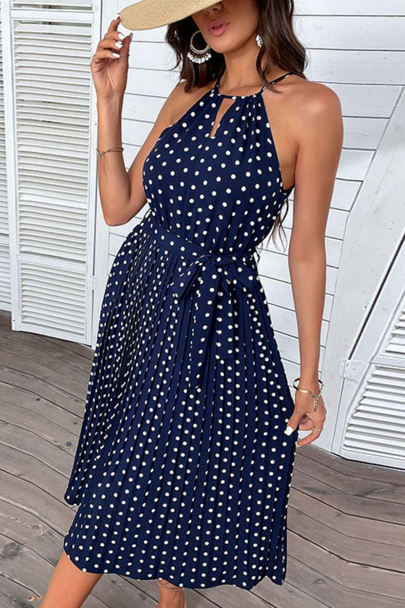 Hazel Blues® | Polka Dot Tie-Waist Sleeveless Midi Dress - Hazel Blues®