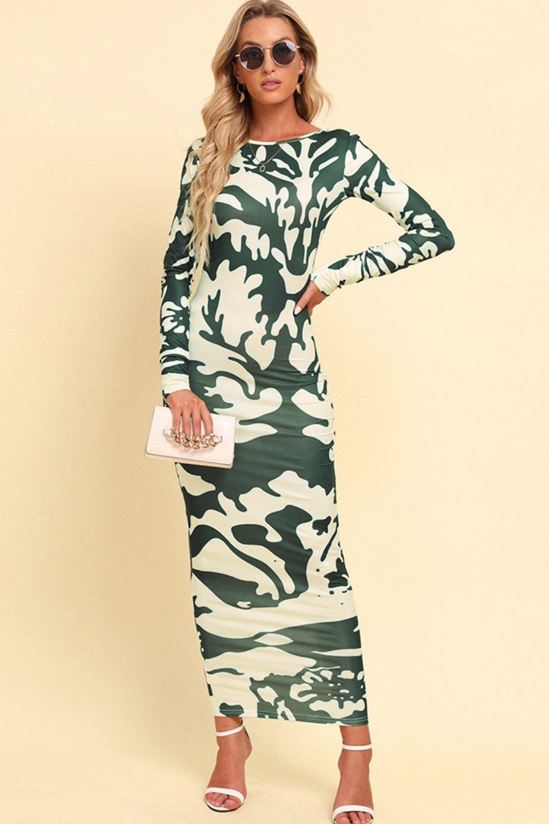 Printed Backless Long Sleeve Maxi Dress, Green Camouflage / M Printed Backless Long Sleeve Maxi Dress, Green Camouflage / M