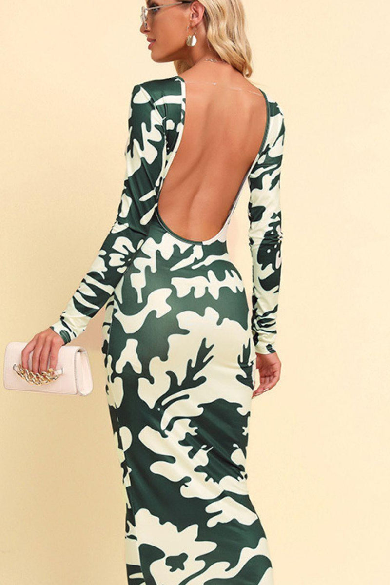 Printed Backless Long Sleeve Maxi Dress, Green Camouflage / M Printed Backless Long Sleeve Maxi Dress, Green Camouflage / M