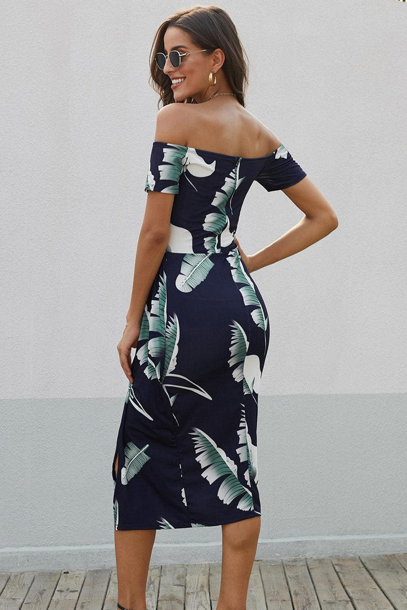 Hazel Blues | Printed Off-Shoulder Split Dress Hazel Blues | Printed Off-Shoulder Split Dress