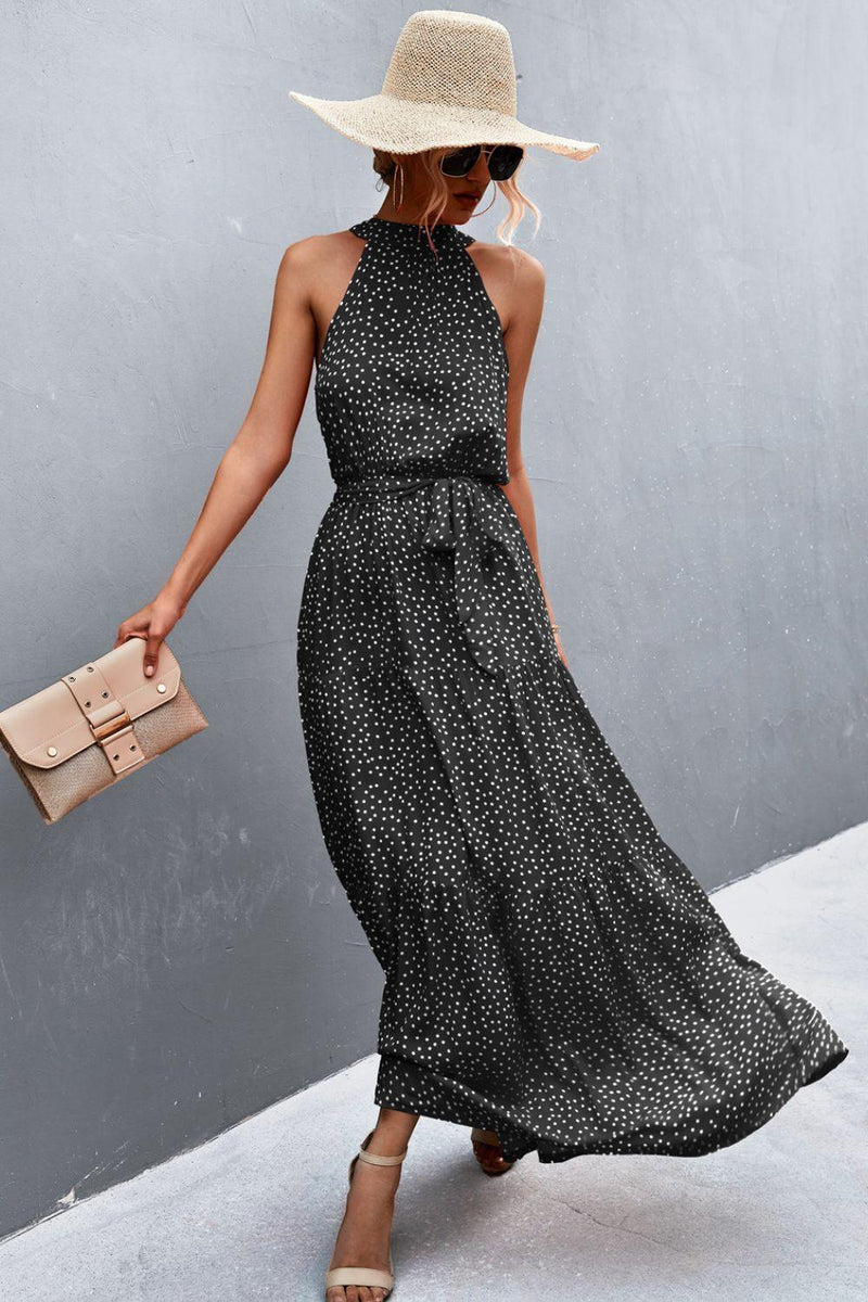 Printed Sleeveless Tie Waist Maxi Dress Beige / L Printed Sleeveless Tie Waist Maxi Dress Beige / L