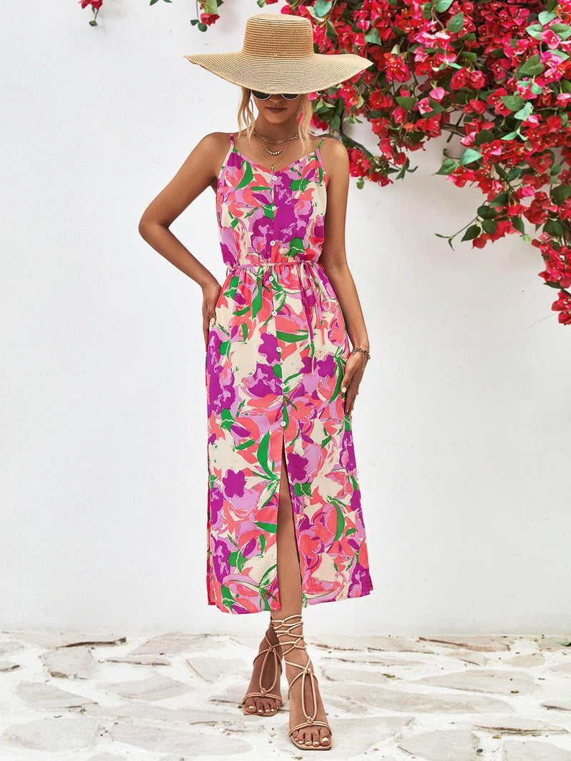 Hazel Blues | Printed Spaghetti Strap Front Slit Dress Hazel Blues | Printed Spaghetti Strap Front Slit Dress